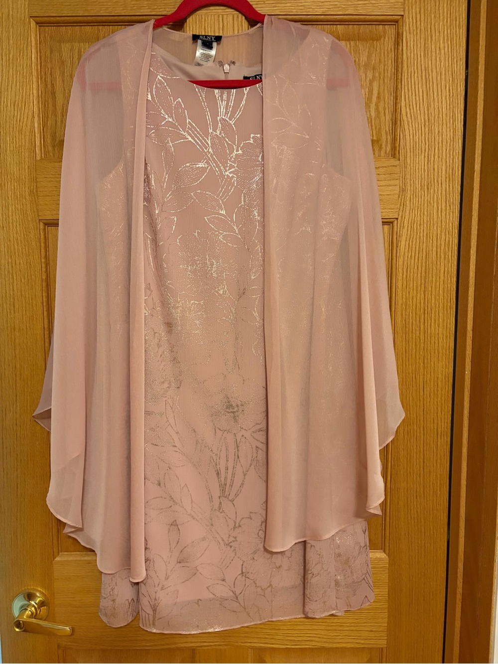 SLNG Light Pink Floral Sheath Dress with Chiffon Capelet - Size 14